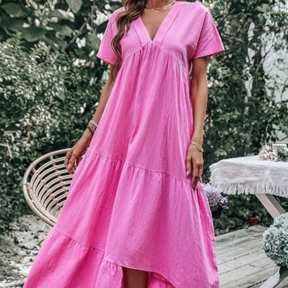 Pink dolman sleeve ruffle smock maxi dress size LARGE